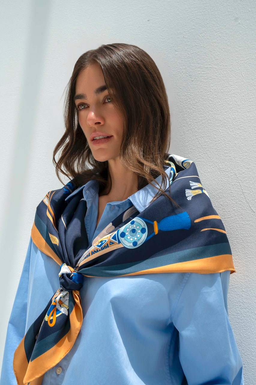 The Story of Emirati Equestrian Heritage (Navy & Beige )/ Silk scarf