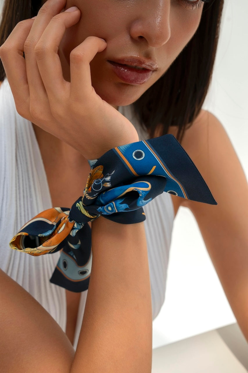 The Story of Emirati Equestrian Heritage (Navy & Beige )/ Silk twilly scarf
