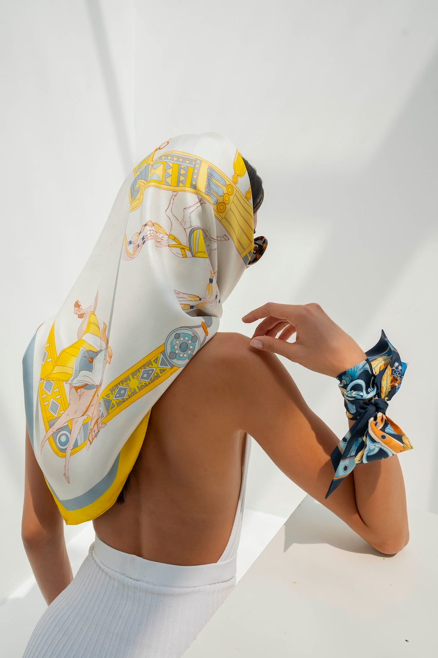 The Story of Emirati Equestrian Heritage (Yellow & Blue)/ Silk scarf