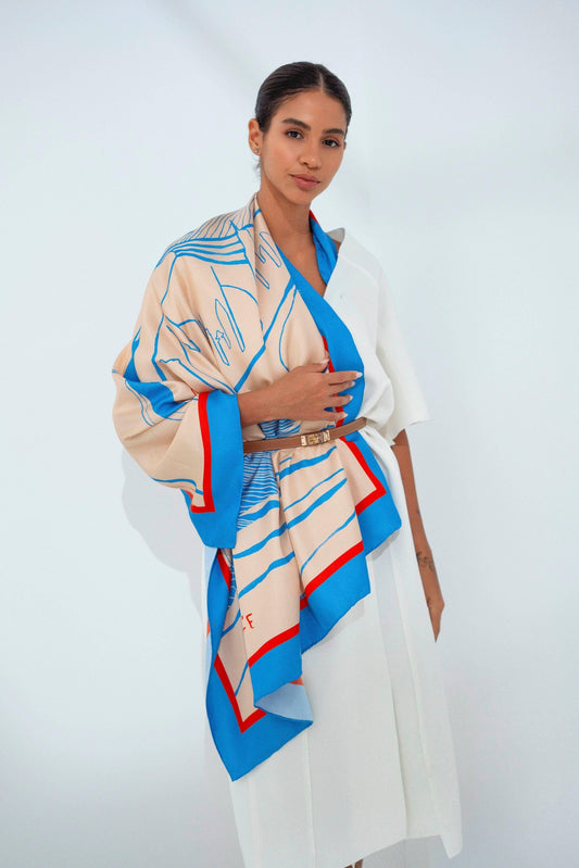 The Dubai skyline (Marine Blue) / Silk scarf - Lumena Maison