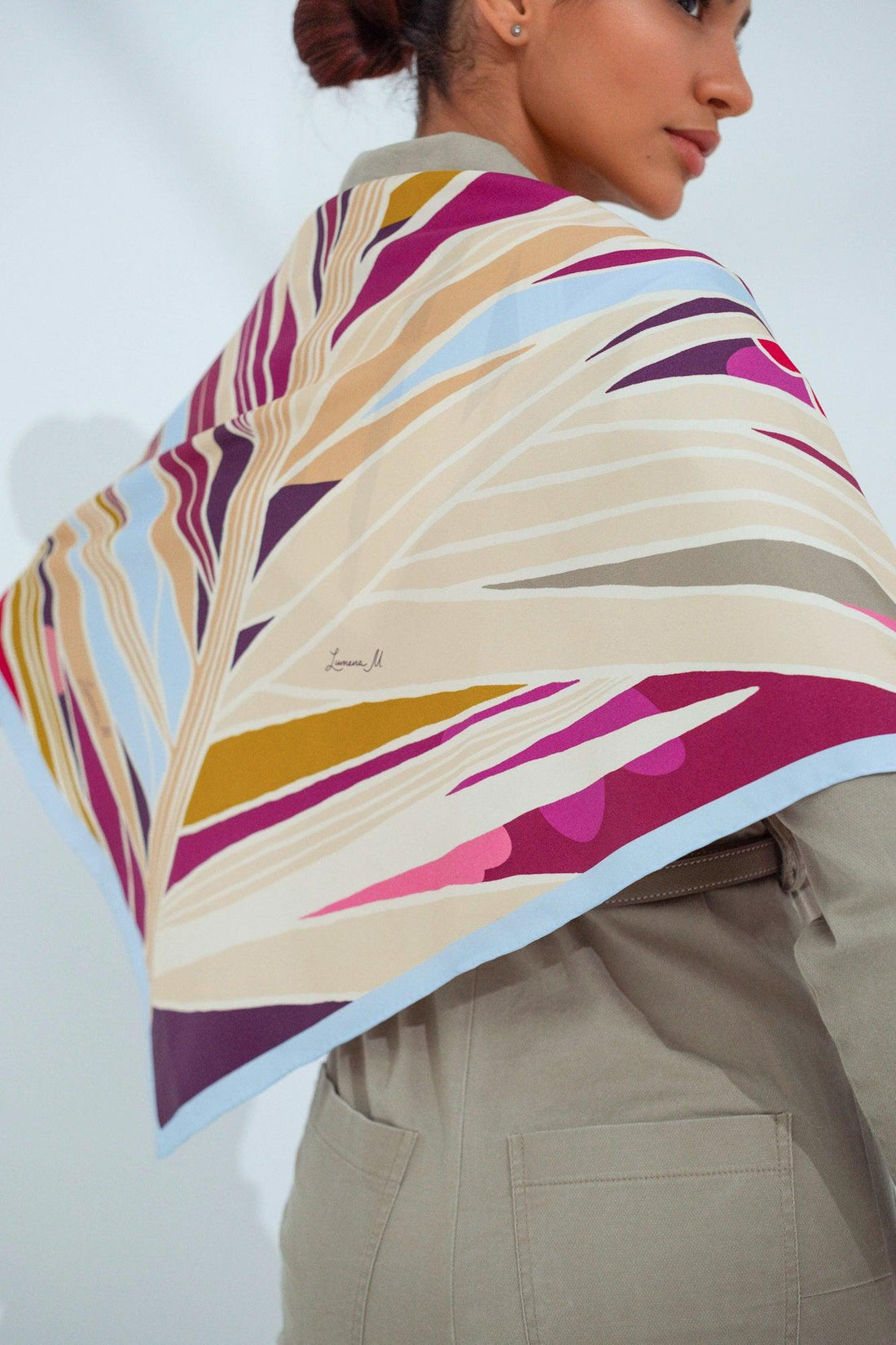 The Palm (Burgundy & Sky Blue frame) / Silk scarf - Lumena Maison
