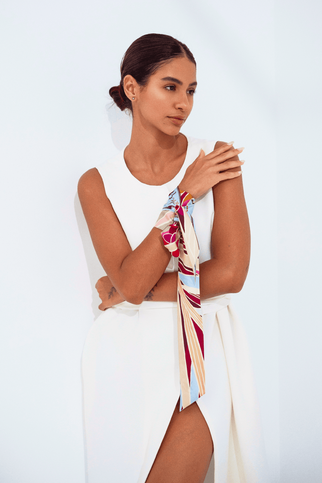 The Palm (Burgundy & Provence Blue second side) / Silk twilly scarf - Lumena Maison