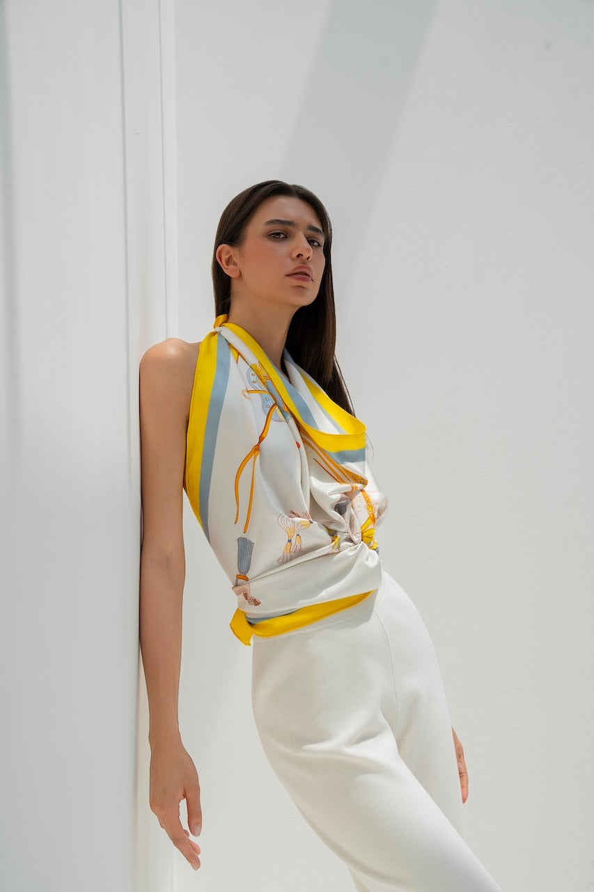 The Story of Emirati Equestrian Heritage (Yellow & Blue)/ Silk scarf
