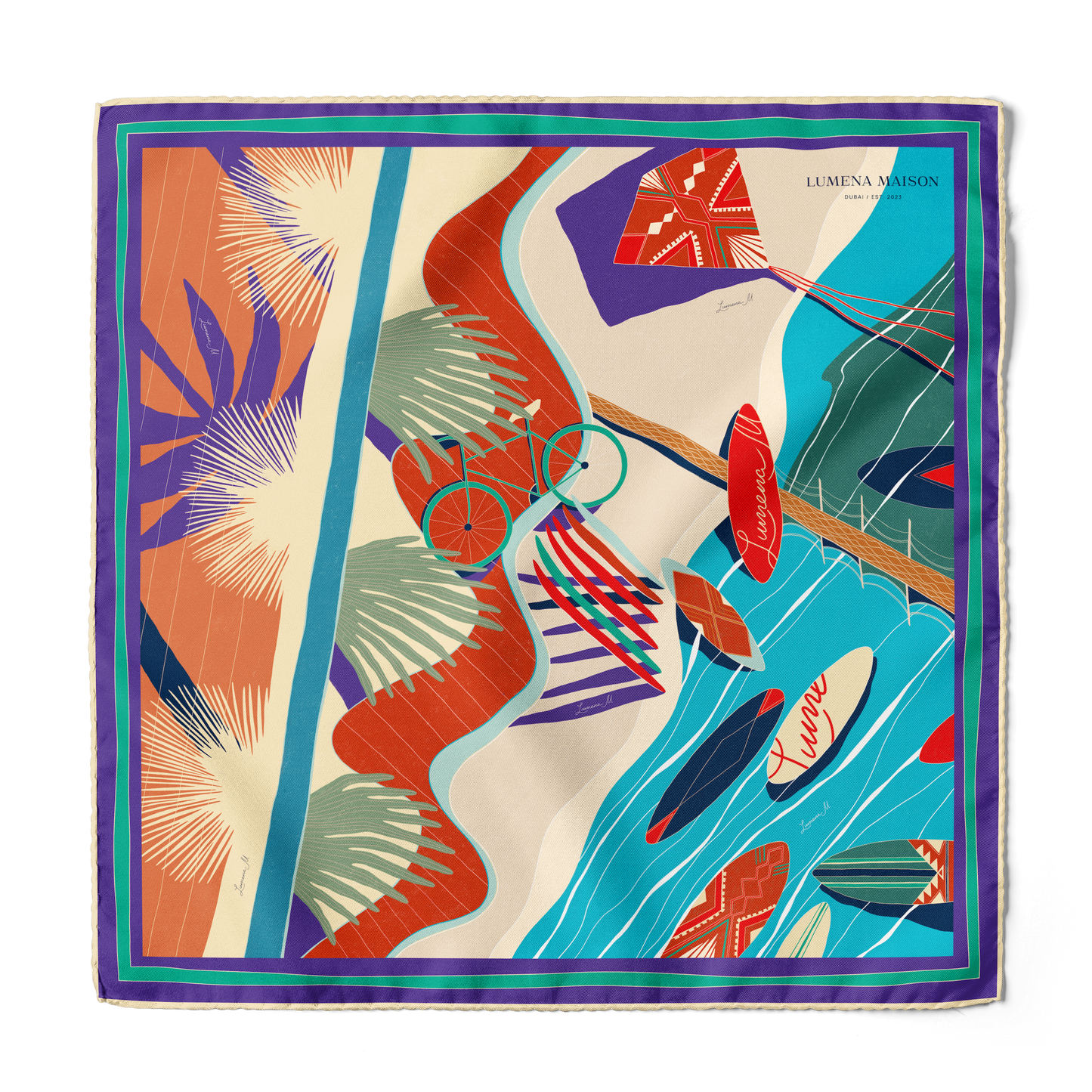 The Dubai Kite beach (Brick Orange with Violet frame) / Silk scarf
