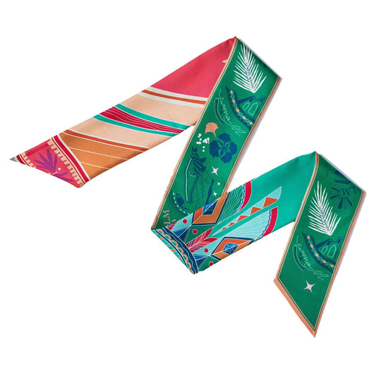Life "Hayeti" (Pink & Emerald Green second side) / Silk twilly scarf - Lumena Maison