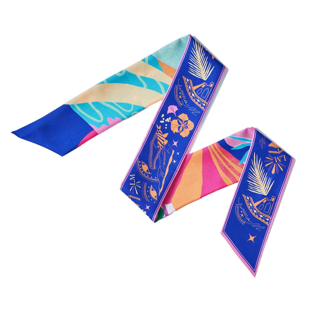 Dreaming under the Dubai sun (Candy & Midnight Blue/Mandarine Orange second side) / Silk twilly scarf - Lumena Maison