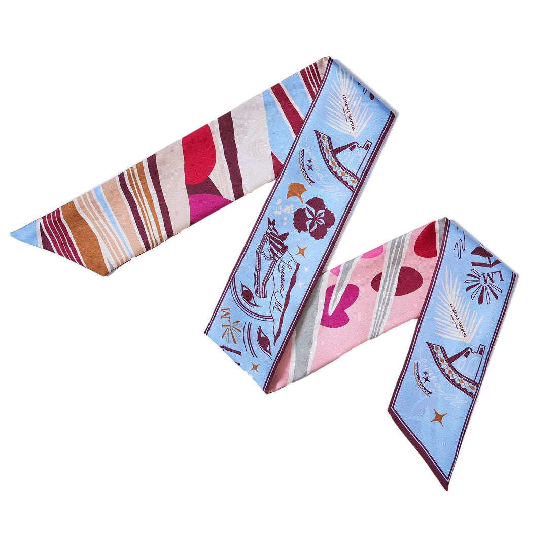 The Palm (Burgundy & Provence Blue second side) / Silk twilly scarf - Lumena Maison