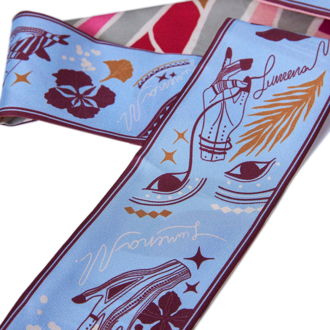 The Palm (Burgundy & Provence Blue second side) / Silk twilly scarf - Lumena Maison