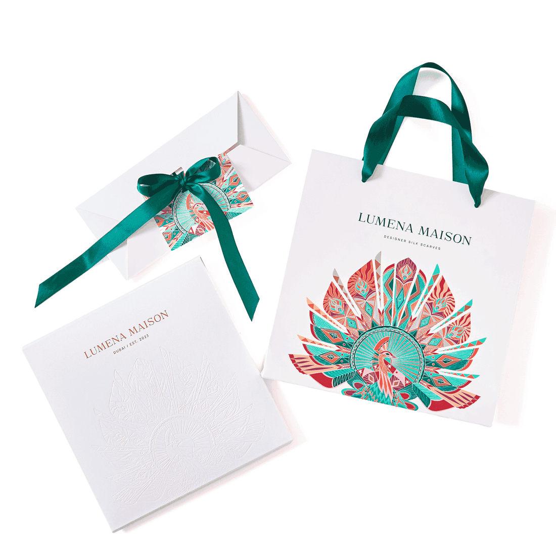 Signature silk packaging for elegant scarf presentation | Lumena Maison