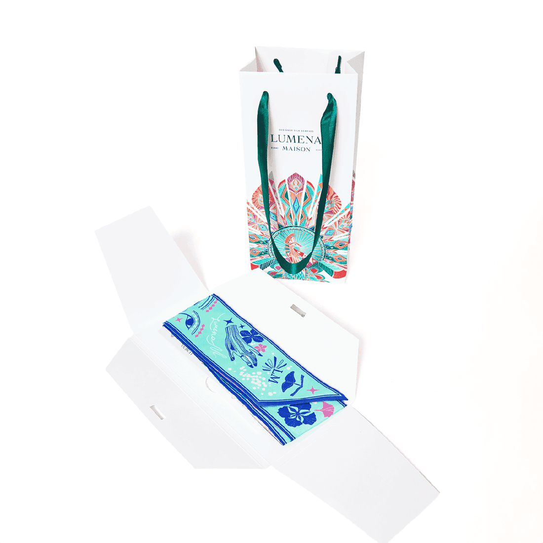 The Story of Emirati Equestrian Heritage (Blue & Red)/ Silk twilly scarf