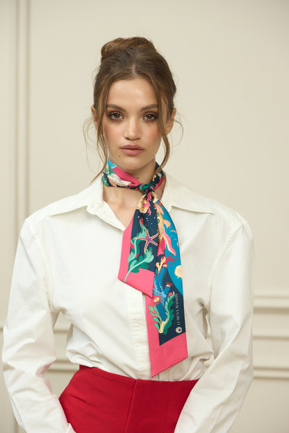 The Secrets of the Emirati Dhow (Navy Blue, Fuchsia)/ Silk twilly scarf