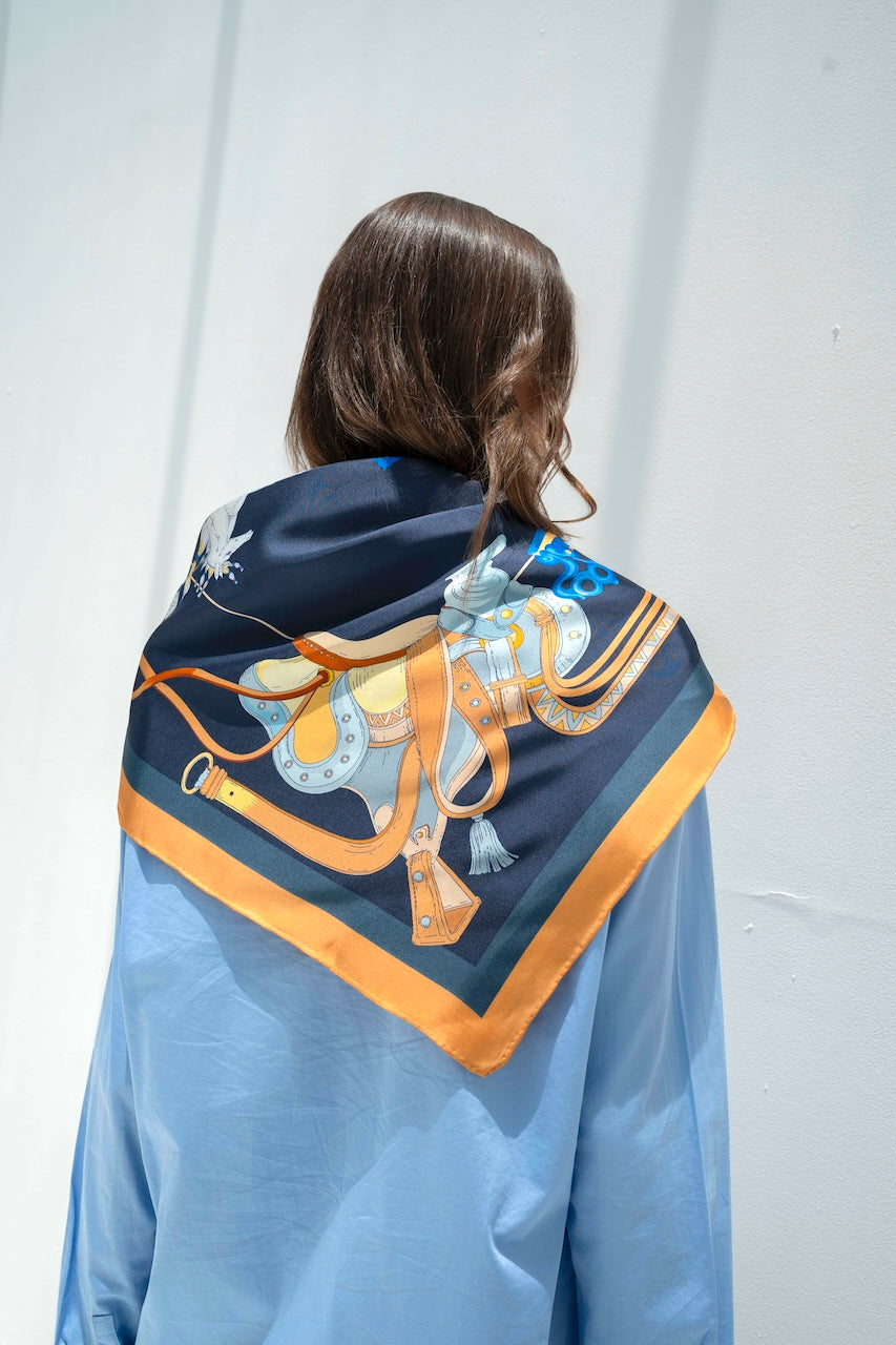 The Story of Emirati Equestrian Heritage (Navy & Beige )/ Silk scarf