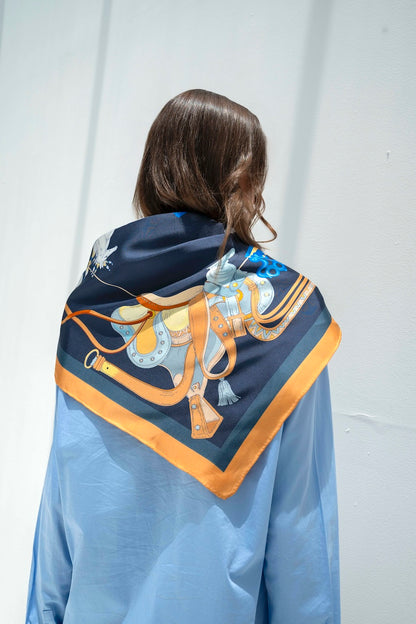 The Story of Emirati Equestrian Heritage (Navy & Beige )/ Silk scarf