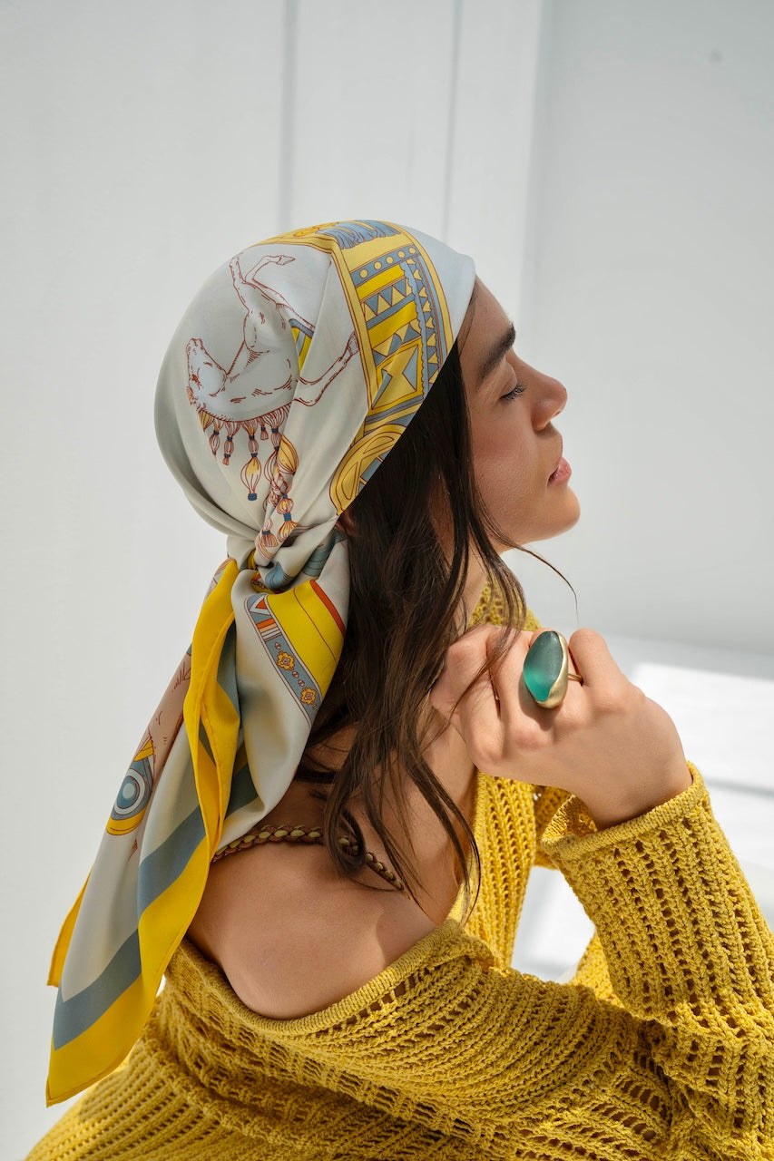 The Story of Emirati Equestrian Heritage (Yellow & Blue)/ Silk scarf