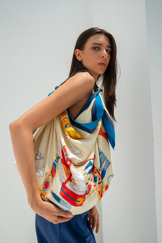 The Story of Emirati Equestrian Heritage (Blue & Red )/ Silk scarf