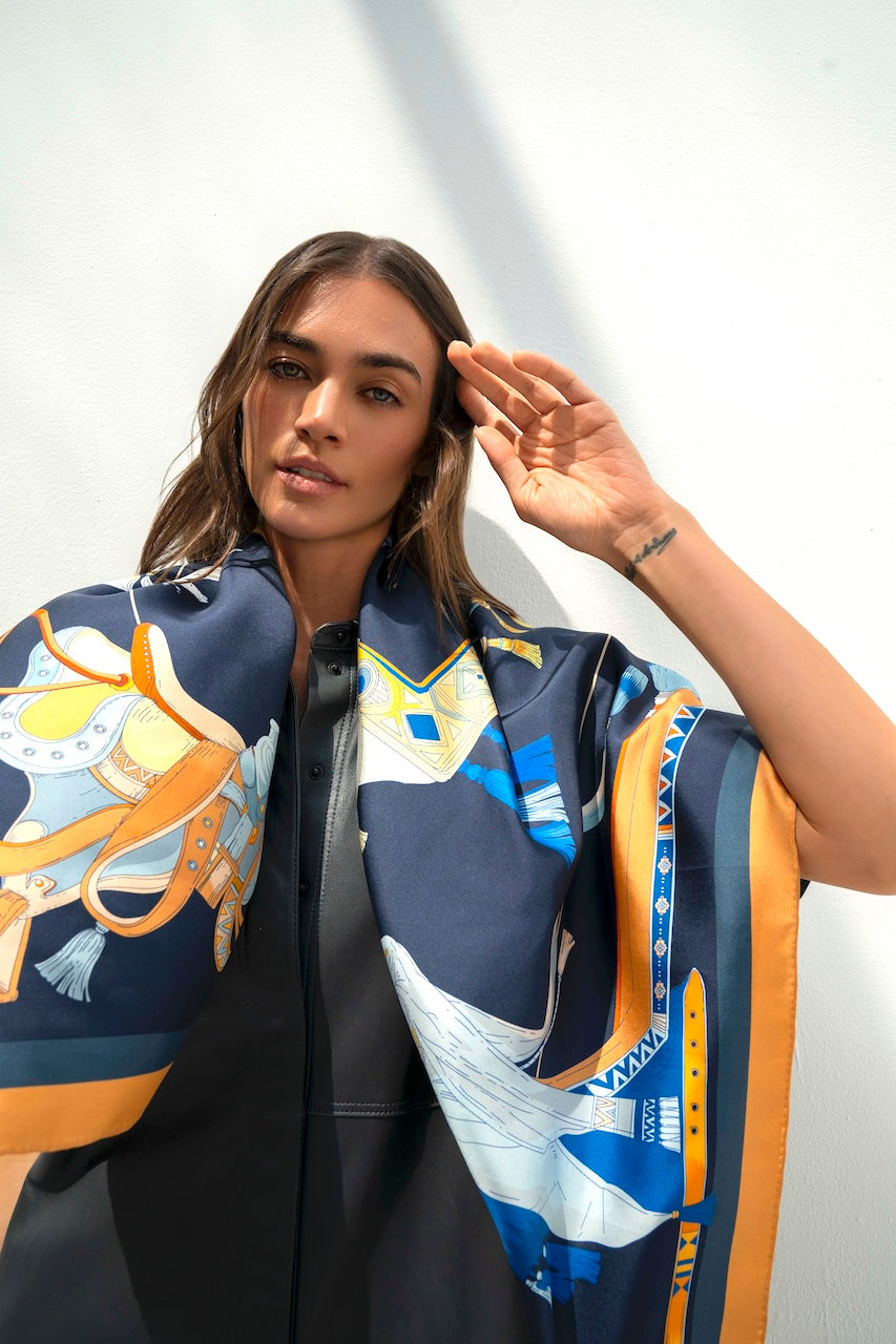 The Story of Emirati Equestrian Heritage (Navy & Beige )/ Silk scarf