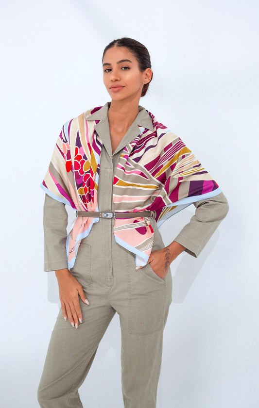 The Palm (Burgundy & Sky Blue frame) / Silk scarf - Lumena Maison