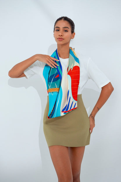 The Dubai Kite beach (Brick Orange with Violet frame) / Silk scarf