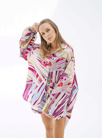 The Palm (Burgundy) / Silk crepe de chine set with shorts