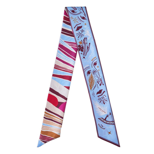 The Palm (Burgundy & Provence Blue second side) / Silk twilly scarf - Lumena Maison