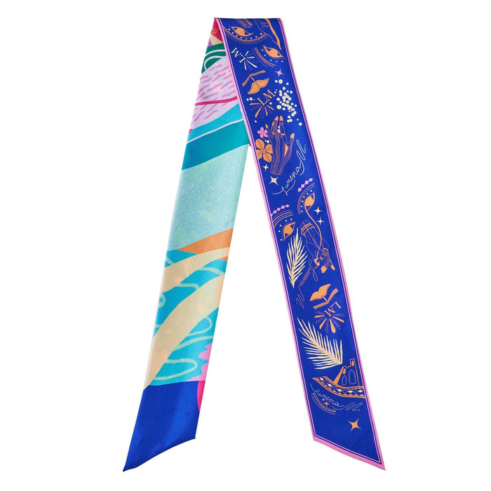 Dreaming under the Dubai sun (Candy & Midnight Blue/Mandarine Orange second side) / Silk twilly scarf - Lumena Maison