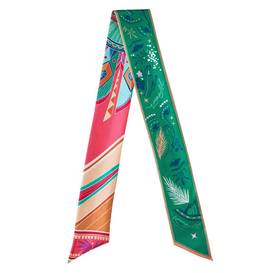 Life "Hayeti" (Pink & Emerald Green second side) / Silk twilly scarf - Lumena Maison