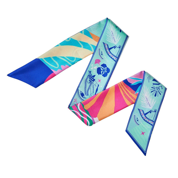 Dreaming under the Dubai sun (Candy & Maldivian Blue second side) / Silk twilly scarf - Lumena Maison