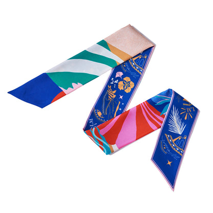 Dreaming under the Dubai sun (Midnight Blue & Mandarine Orange second side) / Silk twilly scarf