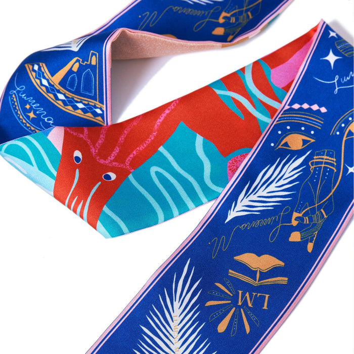 Dreaming under the Dubai sun (Midnight Blue & Mandarine Orange second side) / Silk twilly scarf - Lumena Maison