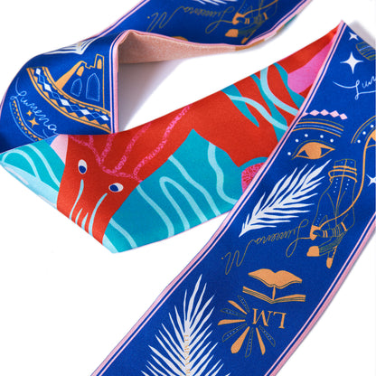 Dreaming under the Dubai sun (Midnight Blue & Mandarine Orange second side) / Silk twilly scarf