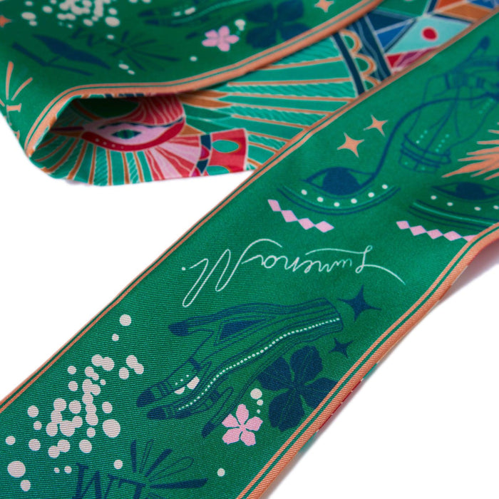 Life "Hayeti" (Pink & Emerald Green second side) / Silk twilly scarf - Lumena Maison