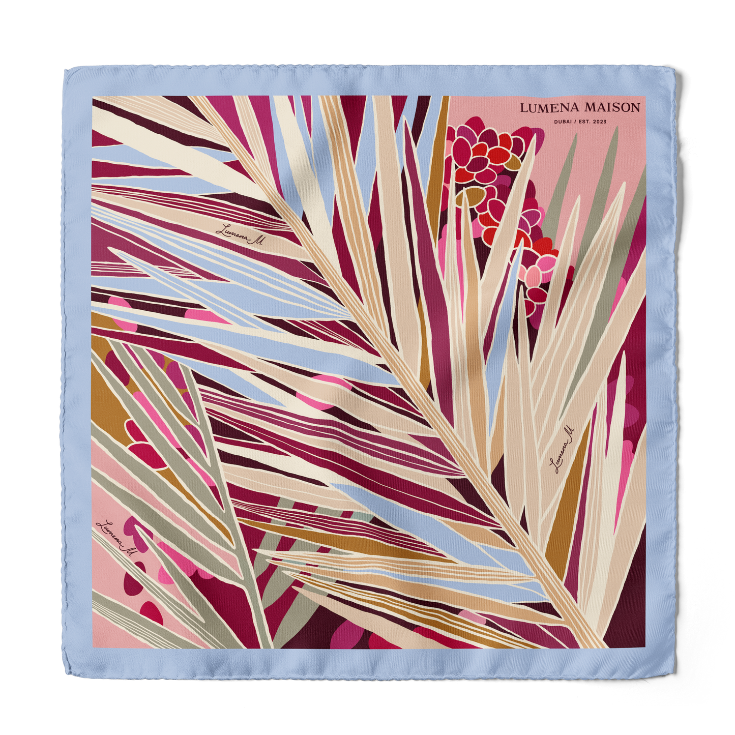 The Palm (Burgundy & Sky Blue frame) / Silk scarf