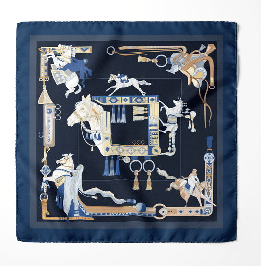 The Story of Emirati Equestrian Heritage (Navy & Beige )/ Silk scarf