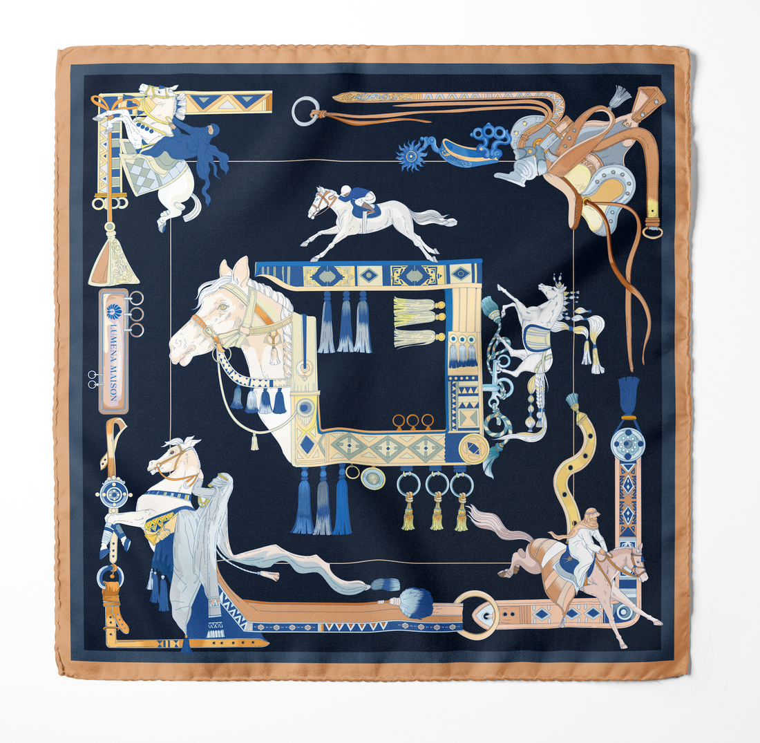 The Story of Emirati Equestrian Heritage (Navy & Beige )/ Silk scarf