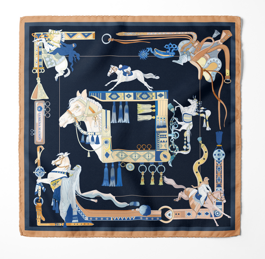 The Story of Emirati Equestrian Heritage (Navy & Beige )/ Silk scarf