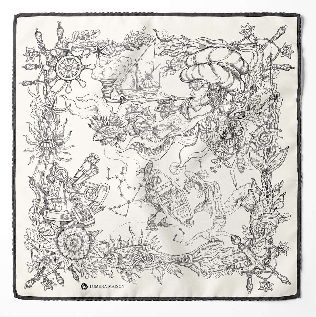 The Secrets of the Emirati Dhow (Ivory White and Charcol Black )/ Silk Scarf