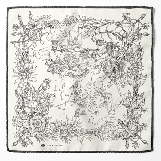 The Secrets of the Emirati Dhow (Ivory White and Charcol Black )/ Silk Scarf