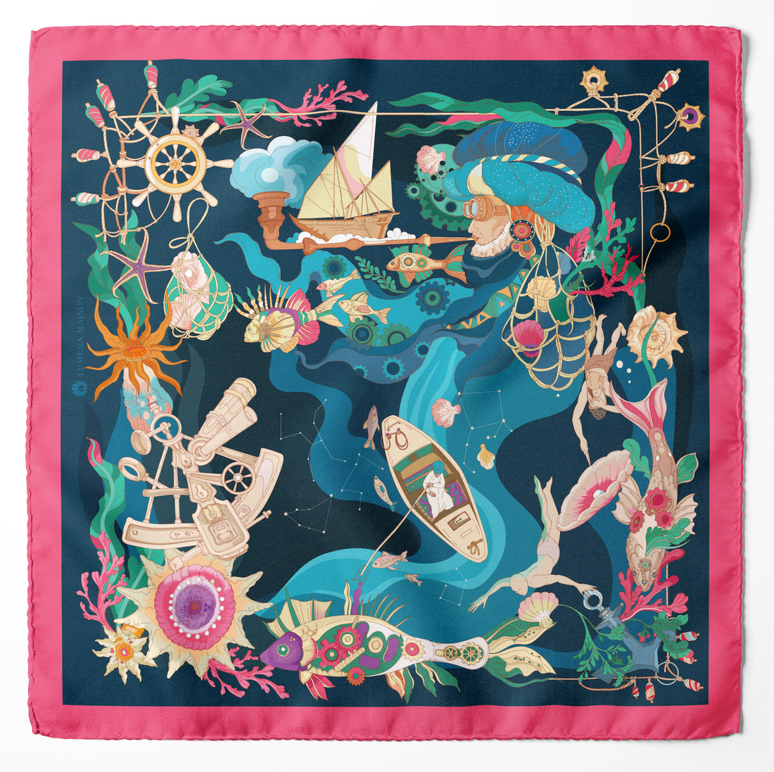 The Secrets of the Emirati Dhow (Navy Blue, Fuchsia)/ Silk Scarf
