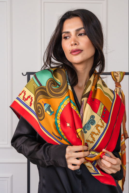 Arabian Nights ( Red/ Warm Beige)/ Silk scarf