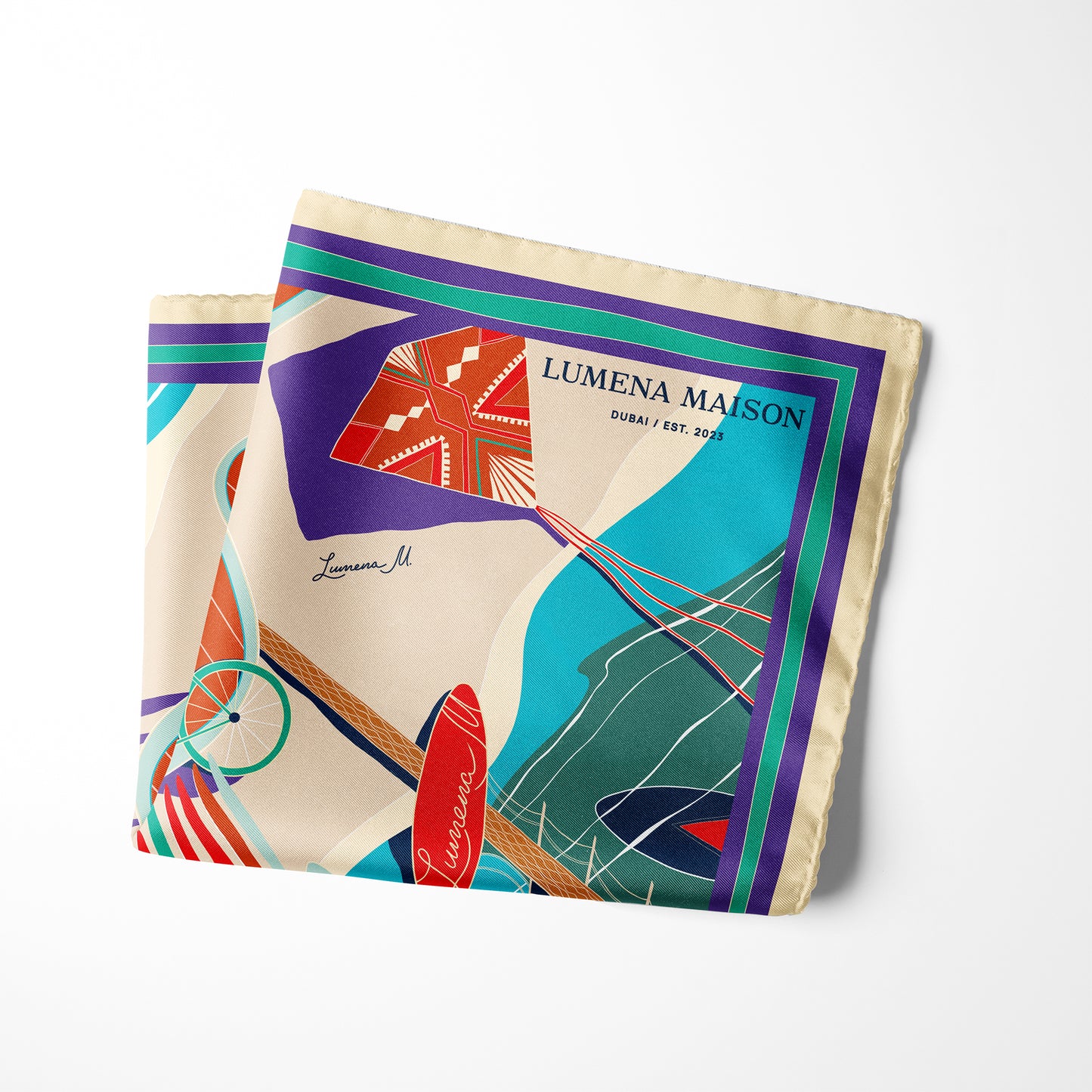 The Dubai Kite beach (Brick Orange with Violet frame) / Silk scarf