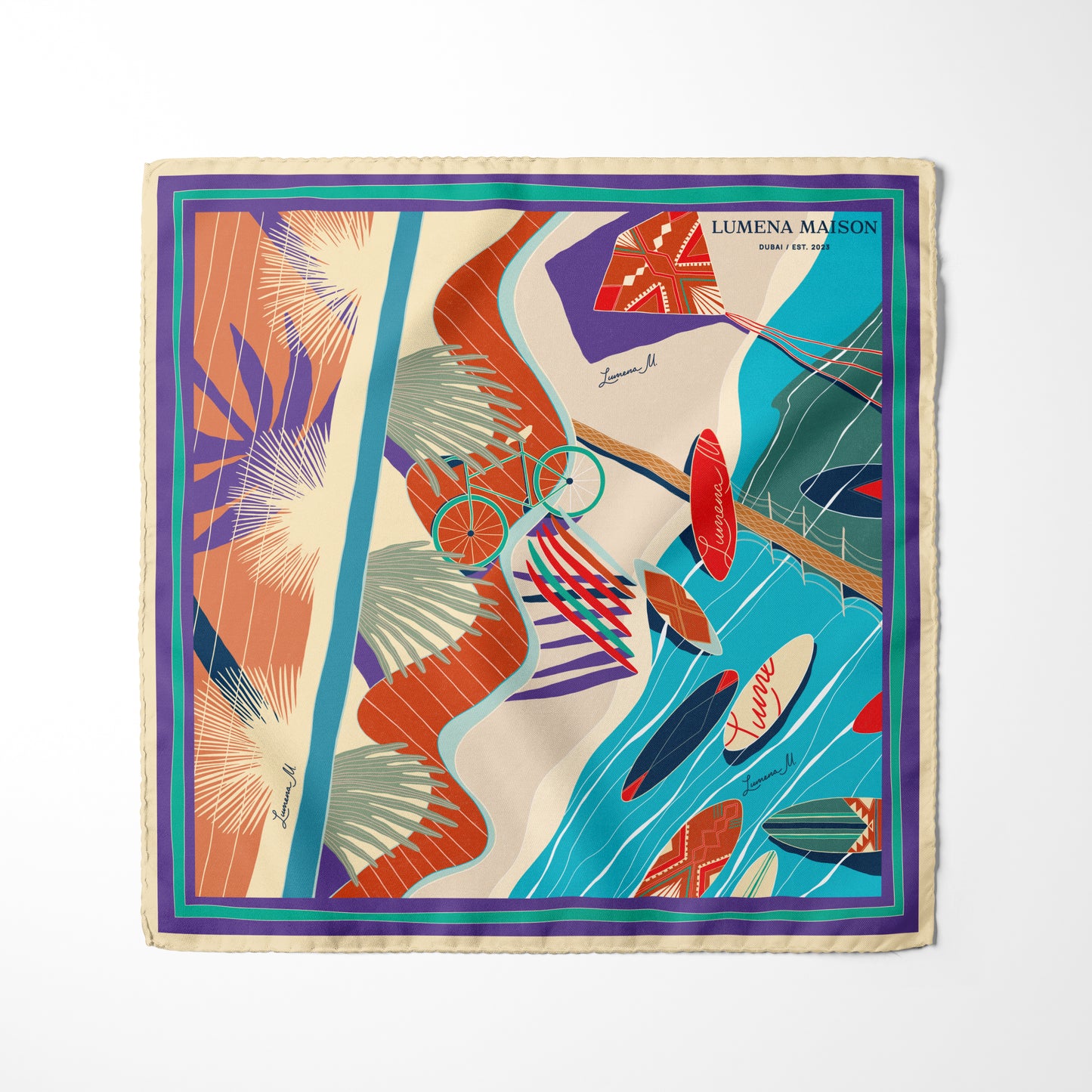 The Dubai Kite beach (Brick Orange with Violet frame) / Silk scarf